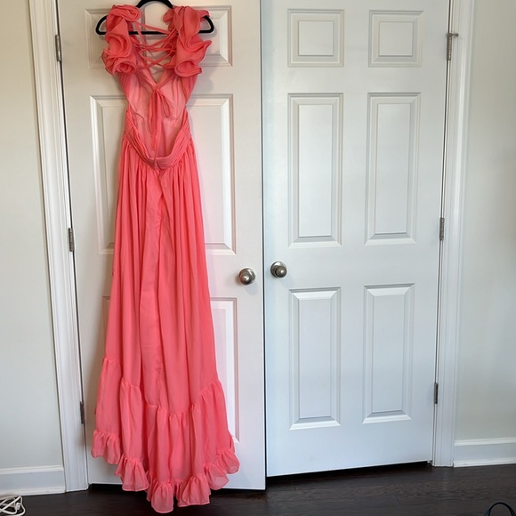 Coral Chiffon Ruffle Tiered Cut-Out Gown - Size 4 - Picture 5 of 12